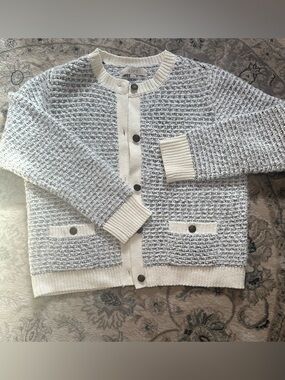LOFT Cream and Light Gray Textured Knit Cardigan